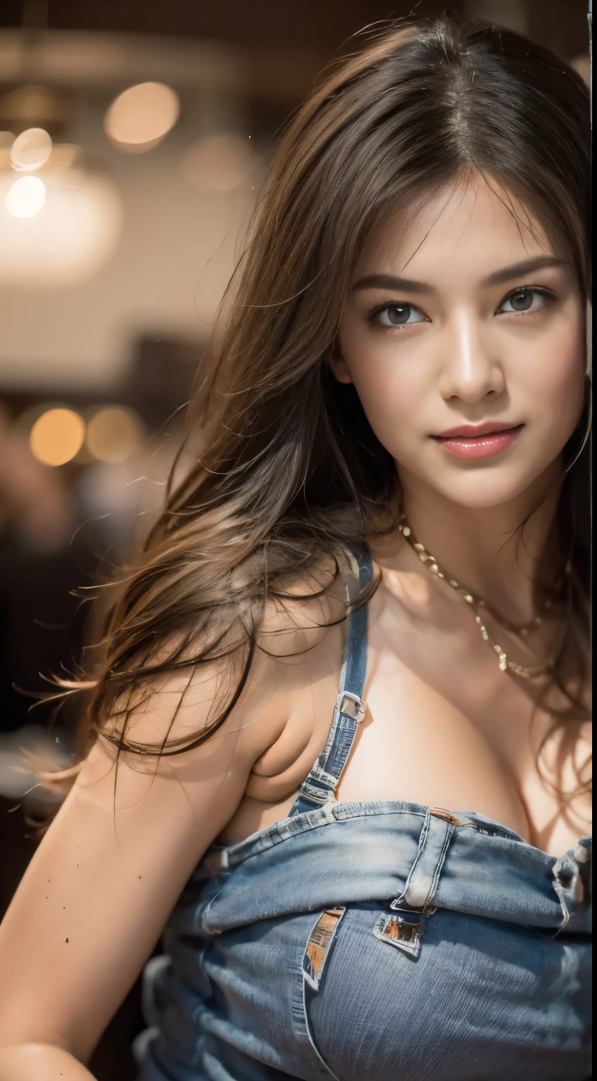 masterpiece, bestquality, photorealistic portrait, ultra-detail, detaild, high-res, 8k Wallpaper, 1 Beautiful Woman, Wear a T-shirt and jeans., In a pub, at night, dark brown tinted hair, Perfect dynamic composition, beautiful detail eyes