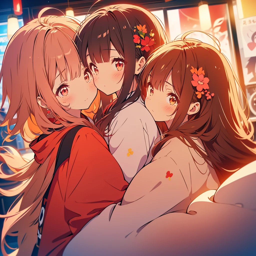kawaii, anime, Cute, hyper quality, highly detailed, 8k, Clarity, Draw facial expressions in detail, red balsam, Impatiens balsamina, colorful balsam, A young girl with light pink hair and scarlet eyes., A girl with long dark brown hair and green eyes, smile, Dynamic feeling, whole body, hug, tears, Overflowing feelings, drawing two people, hug and kiss, hoodie, height difference,