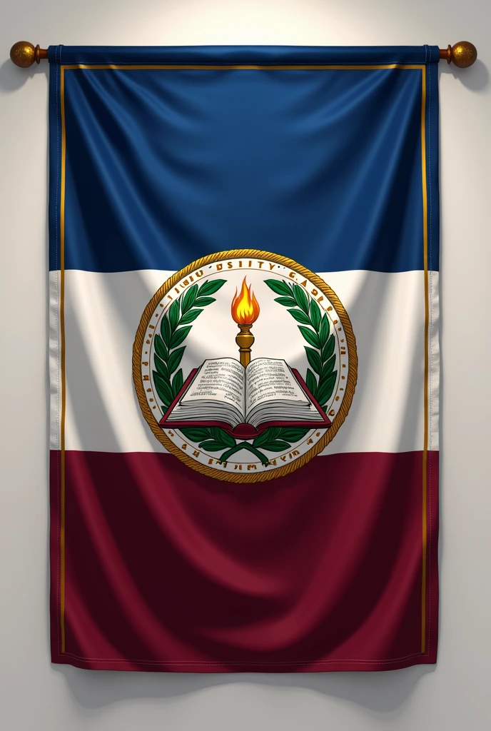 Flag Design Description:
Overall Shape: The flag has a classic rectangular 3:2 ratio, maintaining a formal and dignified appearance appropriate for an academic institution.
Primary Colors: The background is divided into three horizontal stripes. The top stripe is a deep, royal blue, symbolizing wisdom, knowledge, and the depth of academic pursuit. The middle stripe is a clean, crisp white, representing purity, truth, and the pursuit of enlightenment. The bottom stripe is a rich, dark maroon, reflecting tradition, excellence, and the legacy of education.
Borders: The flag is bordered with a thin line of gold, signifying prestige, achievement, and the value of education. This gold border gives the flag a regal and distinguished look.
Central Emblem Placement: The university’s emblem is placed centrally, ensuring it is the dominant feature of the flag, symbolizing the institution's core values and identity.
Emblem Design:
Core Symbol: The emblem features an open book, symbolizing knowledge, education, and the dissemination of information. The book is depicted in silver, with pages slightly fanned out, showing the depth and range of learning offered by the university.
Above the Book: Above the open book, there is a lit torch, rendered in gold with a silver flame. The torch represents enlightenment, guidance, and the pursuit of knowledge, with the flame symbolizing the spark of curiosity and intellectual growth.
Behind the Book: Behind the book is a laurel wreath in a rich green, symbolizing achievement, honor, and the excellence that the university strives for in academics and research. The laurel wreath is slightly raised, giving the emblem a three-dimensional effect.
Circular Frame: The emblem is encased in a circular frame of gold, adorned with subtle, intricate designs resembling classical architectural elements, such as columns and arches, signifying the university’s strong foundation and enduring legacy.
University Motto: Below the emblem, a banner in maro