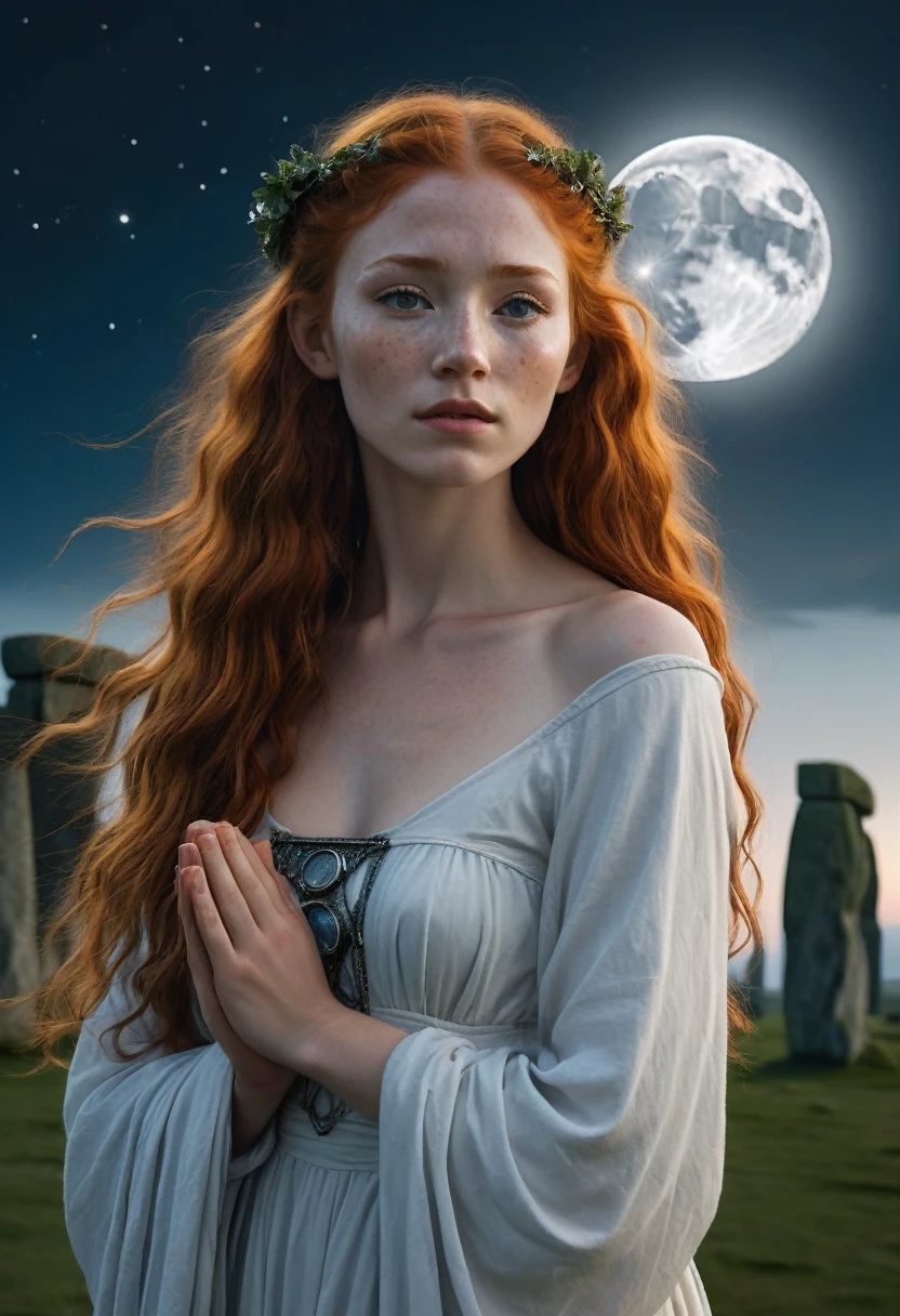 a portrait of a 18 yo female britton druid praying at night to the moon goddess, an exquisite beautiful ginger hair young girl, a celtic beautiful druid, angelic face, juvenile face, small freckles, priestess of nature, full body, slim woman, most beautiful face, ultra detailed face, (Stonehenge site in the background), dynamic hair color, dynamic hair style, dynamic skin complexion, best detailed face, wearing a long white ancient britton dress, praying at night to the moon goddess, it is night time, the moon is full, enchanted moon, divine moon, some stars, the night sky is in shades of black and dark blue, some clouds, divine rays, moon rays, vibrant, Ultra-high resolution, High Contrast, (masterpiece:1.5), highest quality, Best aesthetics), best details, best quality, highres, ultra wide angle, 16k, [ultra detailed], masterpiece, best quality, (extremely detailed),