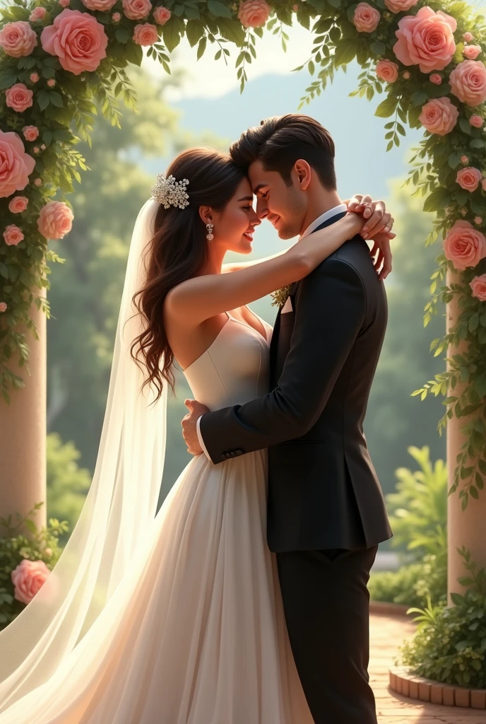 icaro and yasmin getting married ,bride in white dress yasmin brunette wavy hair ,groom in black suit icaro with dark hair groom .