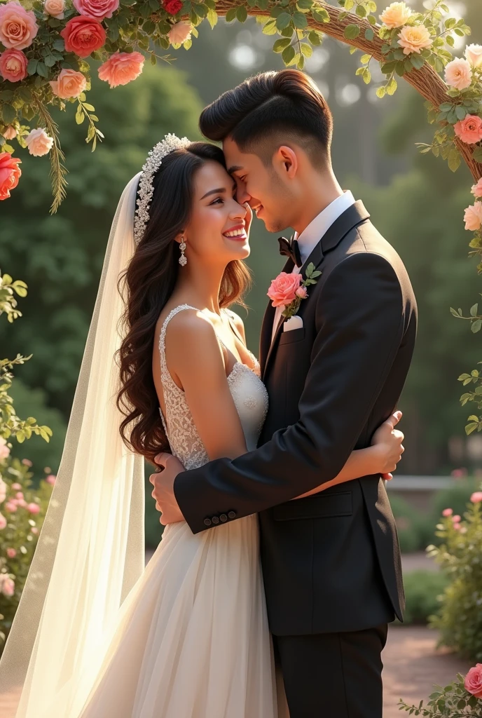 icaro and yasmin getting married ,bride in white dress yasmin brunette wavy hair ,groom in black suit icaro with dark hair groom .