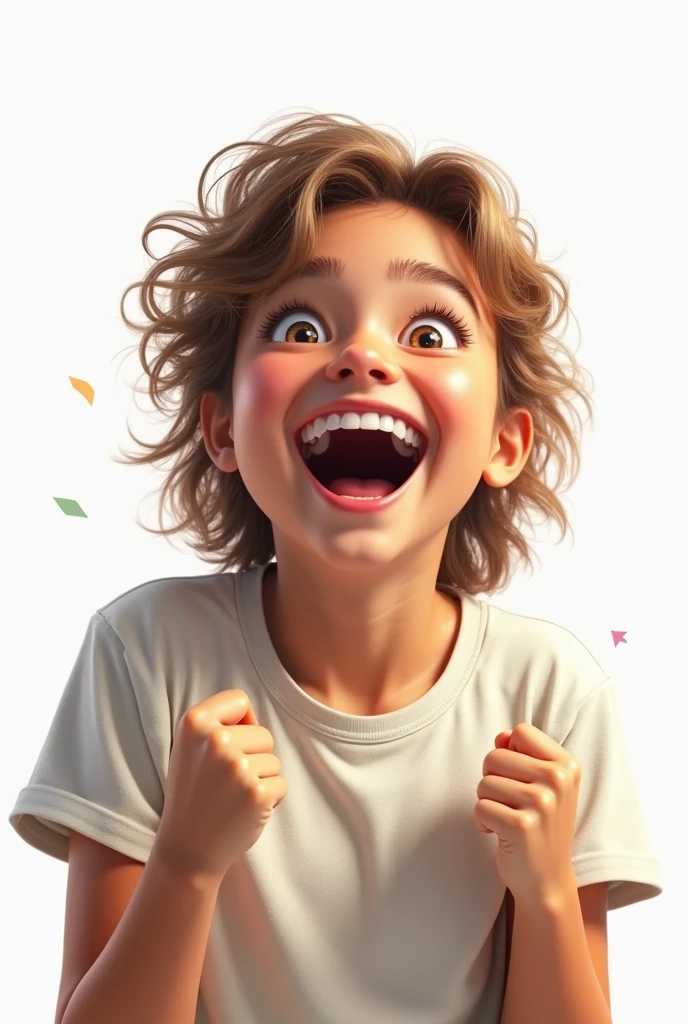 (photorealism:1.2), ager 14- in white background who is really happy because of his victory