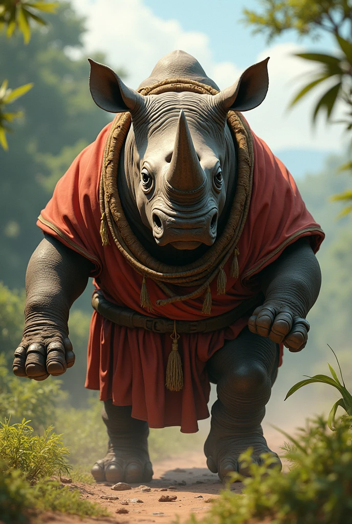 Rhino on two legs. He is wearing a savannah dress. He is very angry. He is wearing hiking boots.