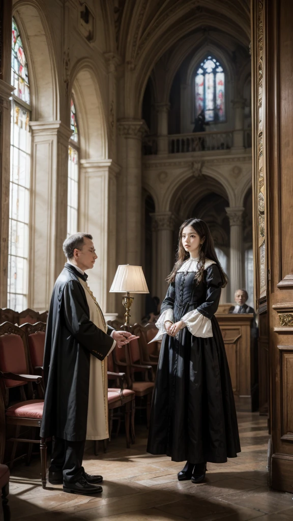 17th century, France, at the height of the Catholic Church&#39;s Inquisition, in the scene we have a young priest, 30years, bonitas, being tried for witchcraft, the priest is sitting, terrifed, afraid to die