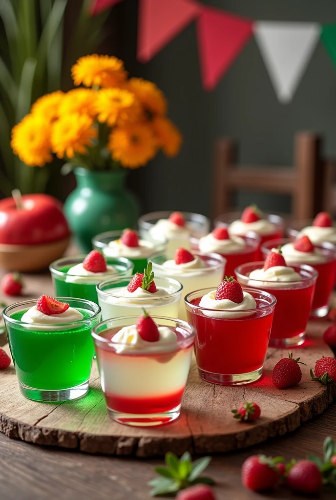 Table with gelatins in green, white and red cups for Mexican national holidays