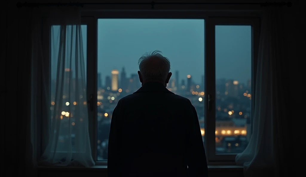 In the style of real movies，The old man stands in front of the French window，With your back to the camera，Outside the window is the night view of the city，Dark picture