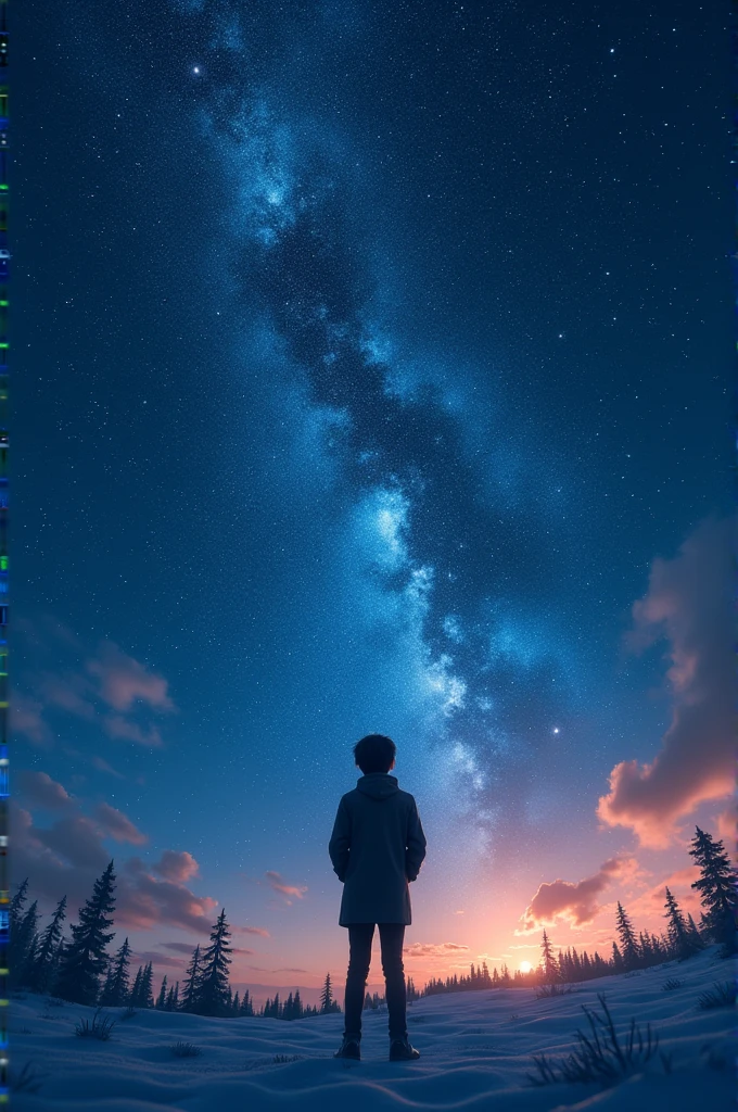 8k,非常に精細なCGユニットのwallpaper, masterpiece,High resolution,Highest quality,Highest quality real texture skin,Surreal,Increase the resolution,RAW Photos,Highest quality,Very detailed,wallpaper,Cinema Lighting,Ray-tracing,Golden Ratio, break ,Many stars shine beautifully in the winter night sky., Long exposure of the starry sky、Many circular orbits are visible in the image., I put my hands in my coat pockets and look up at the stars、Cool high school boy silhouette, Photo taken from a distance, Picture below, Beautiful kaleidoscope-like multiple exposures overlapping each other