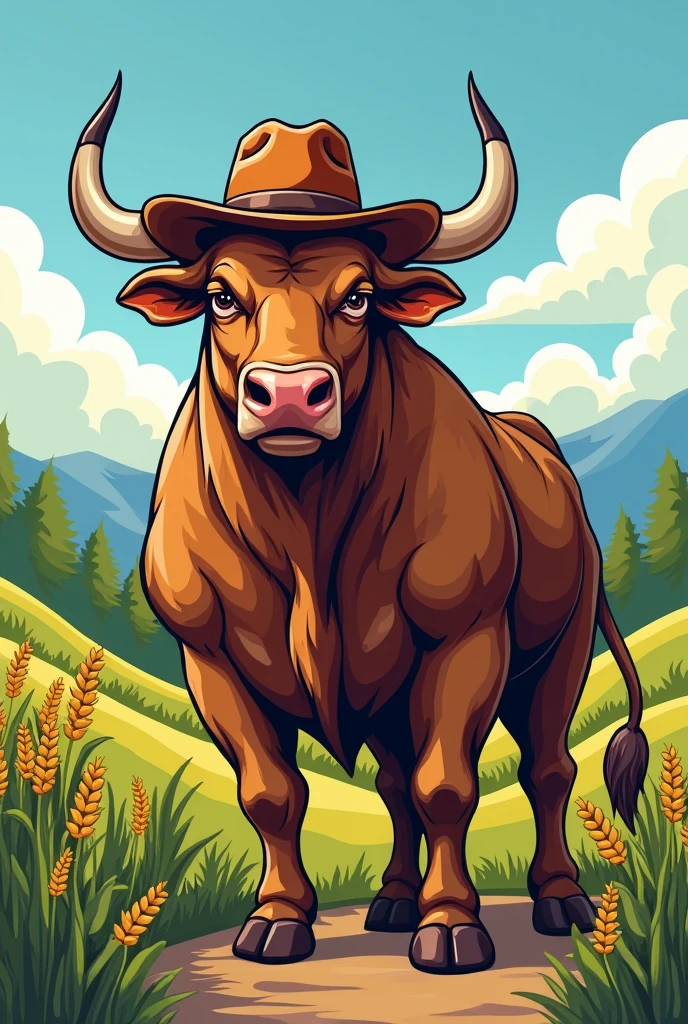 Logo of a bull animal with agriculture references wearing a cowboy hat, as a mascot of the Faculty of Agronomy