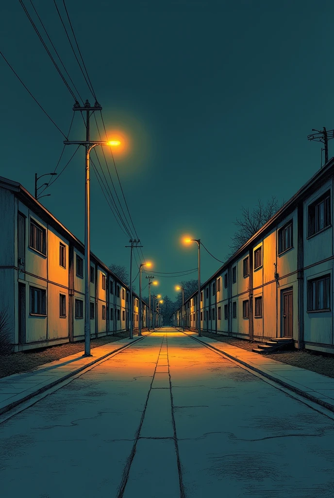 Simple drawing of government housing projects with street lights each streets