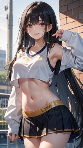 Honor student,Beautiful black hair,long hair,(Straight Hair),high school girl,(boyish),Dark Eyes,(tall),((Slim body)),Muscular,((A confident smile)),Medium Bust,Gold earrings,((Cheerleader)),(White sportswear),(Sweat:1.3),Dancing,Outdoor