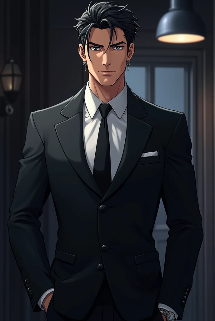 (Anime character) A dashing man in a suit, sharp eyes and neat black hair with sideburns. He is a mafia.