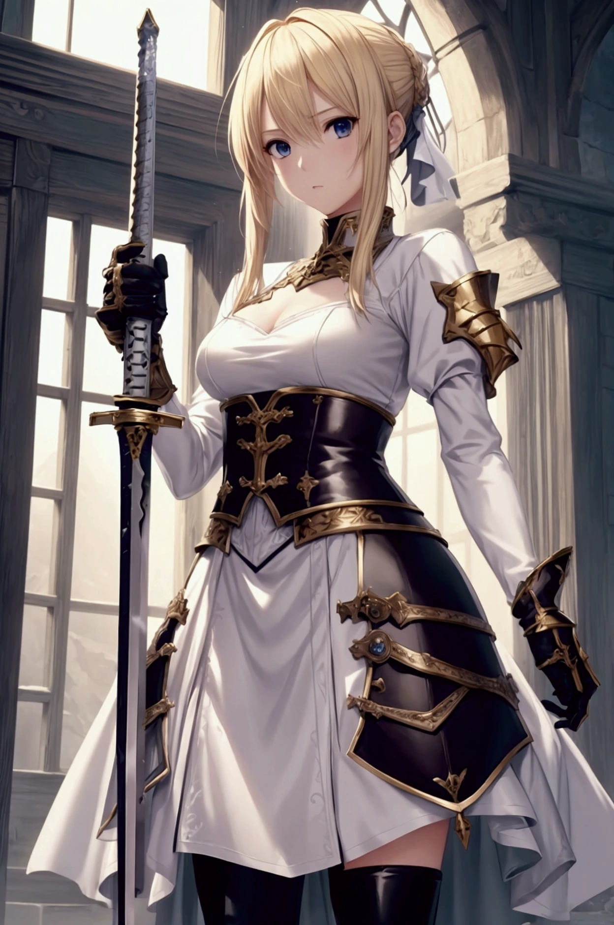 Game theme Final Fantasy. A blonde girl standing，Image of her favorite sword in hand , Soft colors, With a dramatic tone. A masterpiece in the highest resolution , Image type Semi-realism