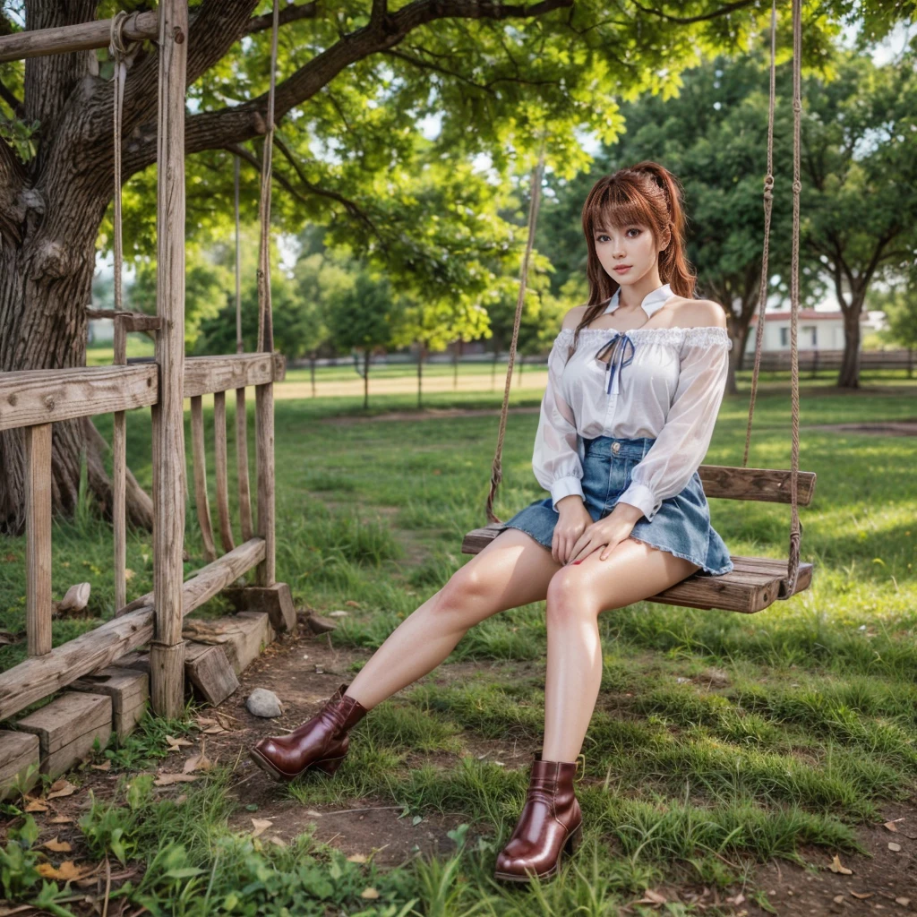 kasumi, eyes browns, (best qualityer, ultra detail), (realisitic:1.37), beautiful and detailed face, ultra-realisitic texture, Exquisite face, Delicate body, red lipgloss stick, shiny colors. High definition, 8k, ankle boots