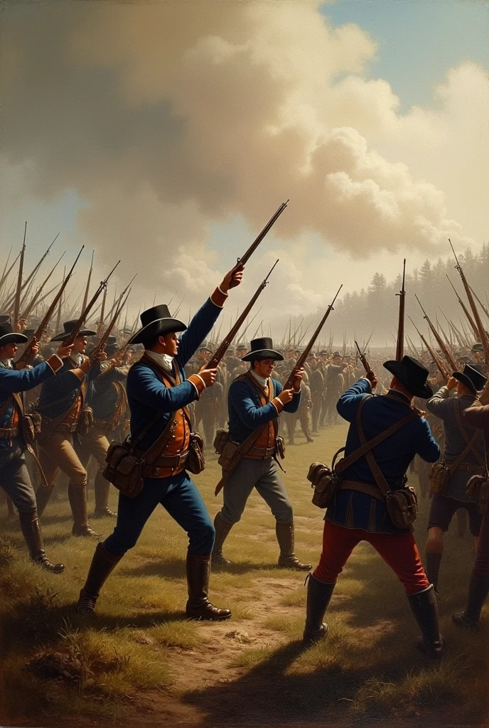 An image of a battle in American independence, with soldiers shooting at the same time