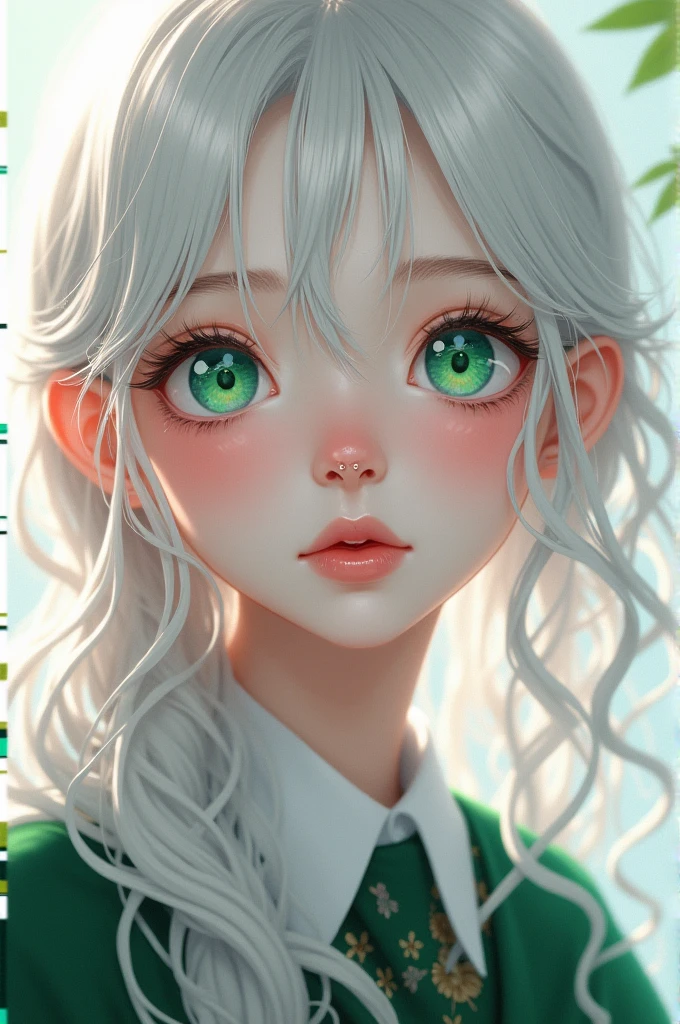 anime girl,White skin,pastel green eyes,long eyelashes,splattered nose,pink and juicy lips,slightly pink cheeks and nose,Long hair,wavy platinum white color,dressed in Slytherin uniform