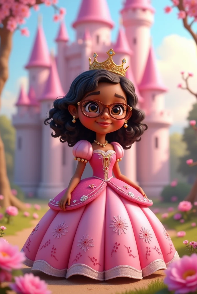 Little princess, full body image, , pink dress with flared skirt to the floor, wears brown framed glasses and crown, eyes browns, brown skin, smiling, shoulder length hair, curly and dark brown, in the background landscape pink castle