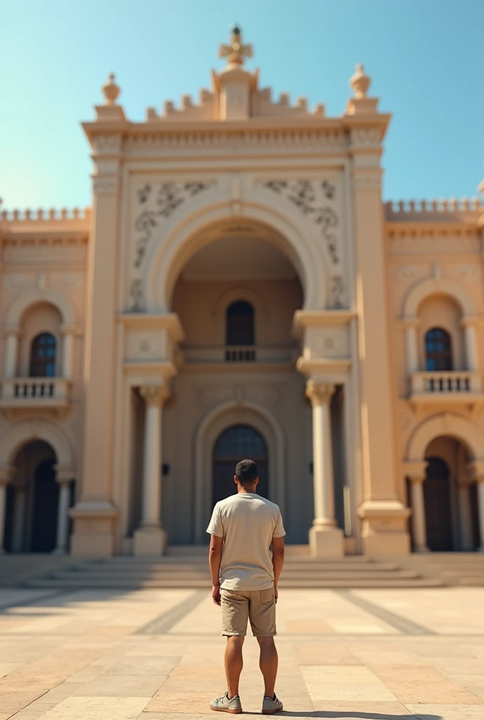 A man wearing a summer shirt and summer shorts looks from a distance at the building of the Grand Theater of Rabat, very real and realistic