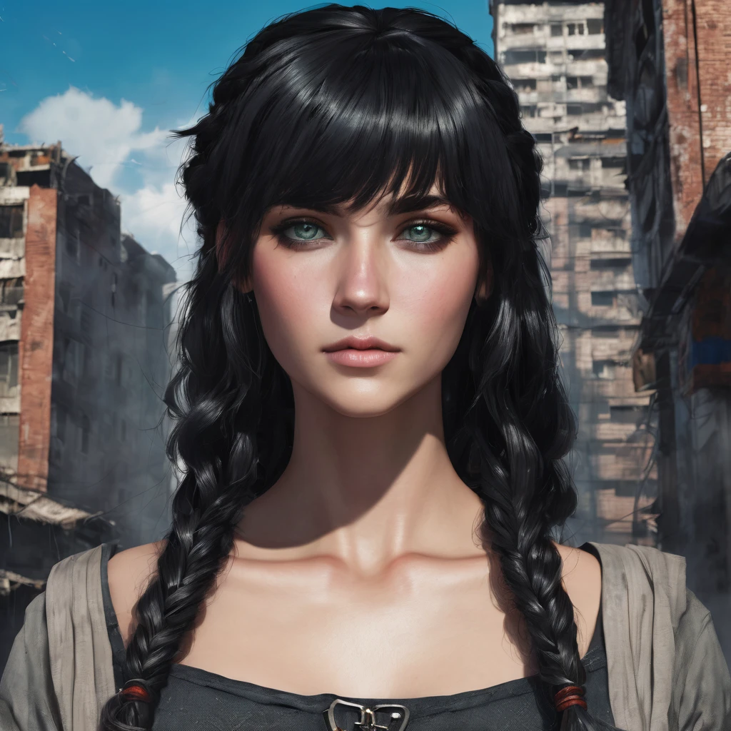 one , caucasiana, he would be, braided hair with bangs, Bblack hair, gray eyes, ful dressed, detailed black, abandoned city.