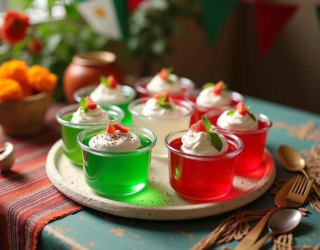 Table with gelatins in green, white and red cups for Mexican national holidays