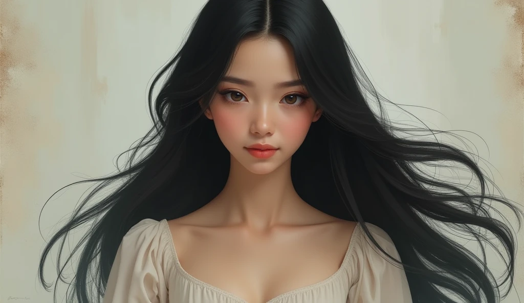 A beautiful princess portrait with long black hair simple modest dress, European lookalike full sleeves not looking direct chest full covered with dress
