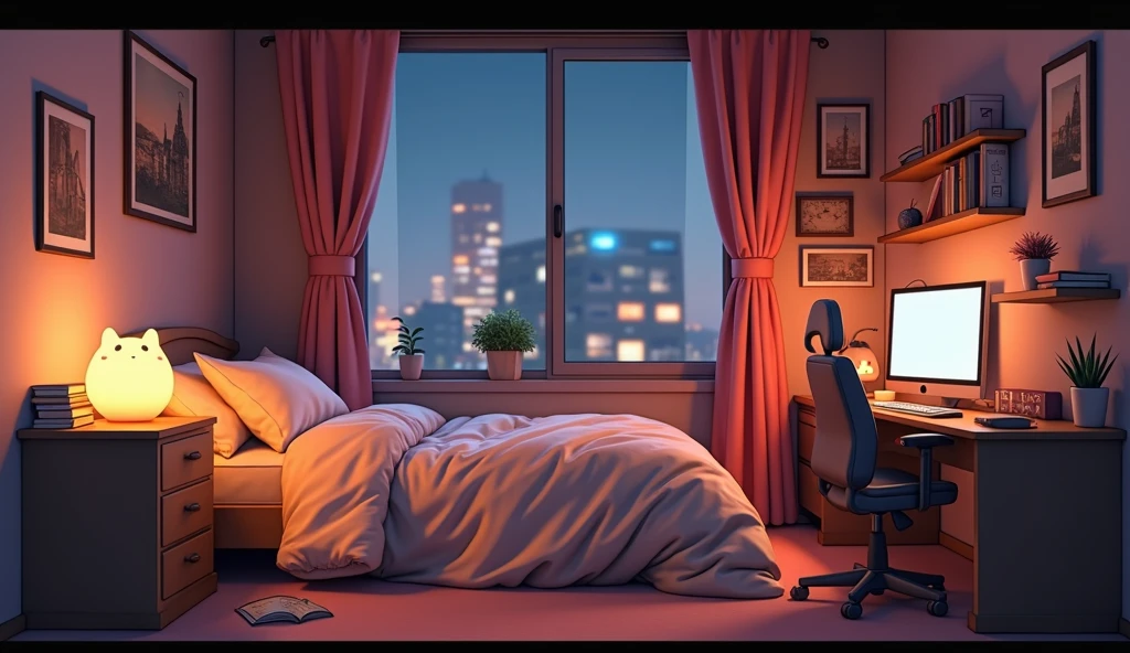 A lo-fi girly room , IN warm tones , predominating brown . A bed with a fluffy quilt.On the bedside table a cat lamp with warm lighting , bringing coziness to the bedroom . a table with a gaming computer. textbooks , a kitten plush. A large window overlooking the illuminated buildings. アニメ , high resolution.