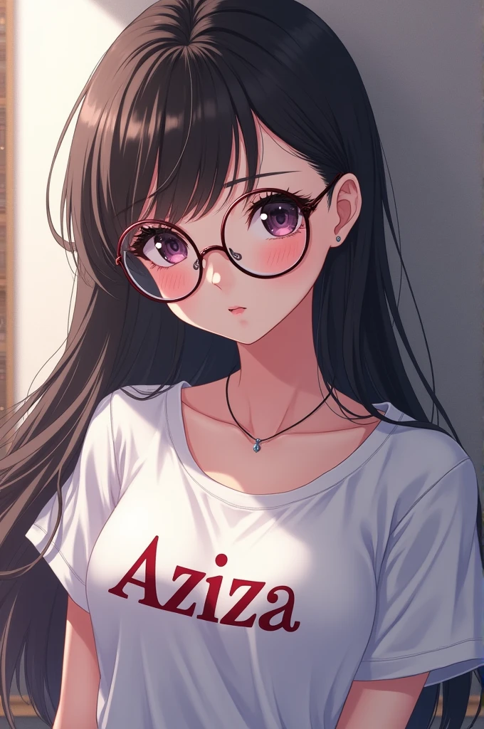 Generate me an image of beautiful girl with glasses and Aziza written on her shirt can be clearly seen in anime style