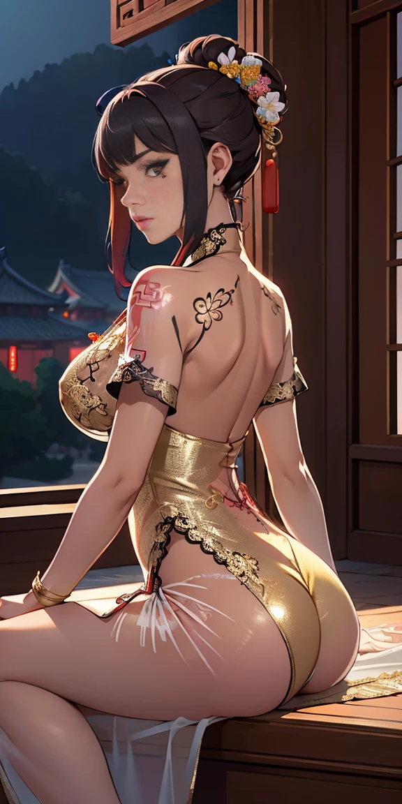 Camera showing part of the behind, breasts big, nsfw, transparentes, dotado, Night time, (((Wearing embroidered transparent clothes in ancient Chinese palace;gold lace))), hair blue, jewerly ,Elegant sitting posture,work of art,best qualityer,offcial art,extremely detaild, 3d, 4d cinema,8k,photorrealistic:1.4, ( ##colorful tattoo ##,colorful tattoo, ~+colorful tattoo:1.6),(Perfect female curves,sample neckline, bunda showing huge stacked chest),(a seductive gaze), facing the camera, pink lips,delicate fingers and hands,magic hour, rembrandt lighting, Front lighting and fill lighting, hard shadow, micro thong, POV ASS