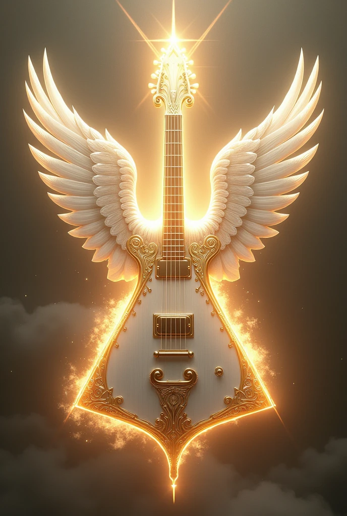 create a white triangular shaped guitar , with some golden rays on the guitar, and some wings