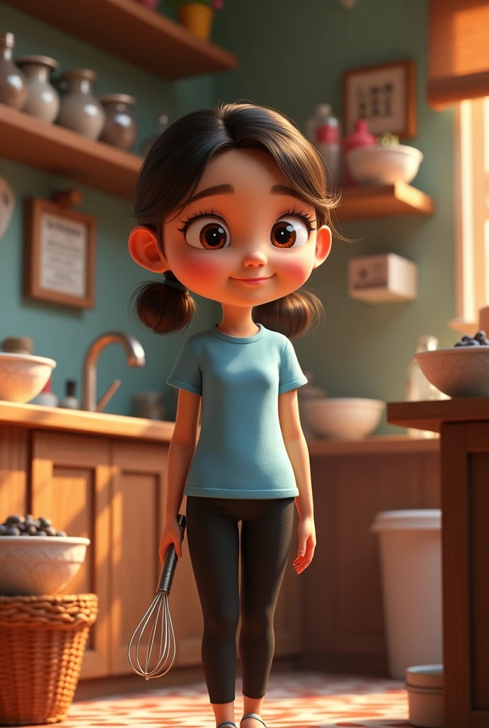 create a pixar style girl, with dark brown eyes, skin fair, slickedback hair, with blue shirt, black pants, holding a whisk, in a confectionery workshop
