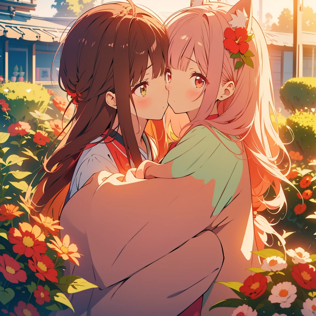 kawaii, anime, Cute, hyper quality, highly detailed, 8k, Clarity, Draw facial expressions in detail, red balsam, Impatiens balsamina, colorful balsam, A young girl with light pink hair and scarlet eyes., A girl with long dark brown hair and green eyes, smile, Dynamic feeling, whole body, hug, tears, Overflowing feelings, drawing two people, hug and kiss, hoodie, height difference,