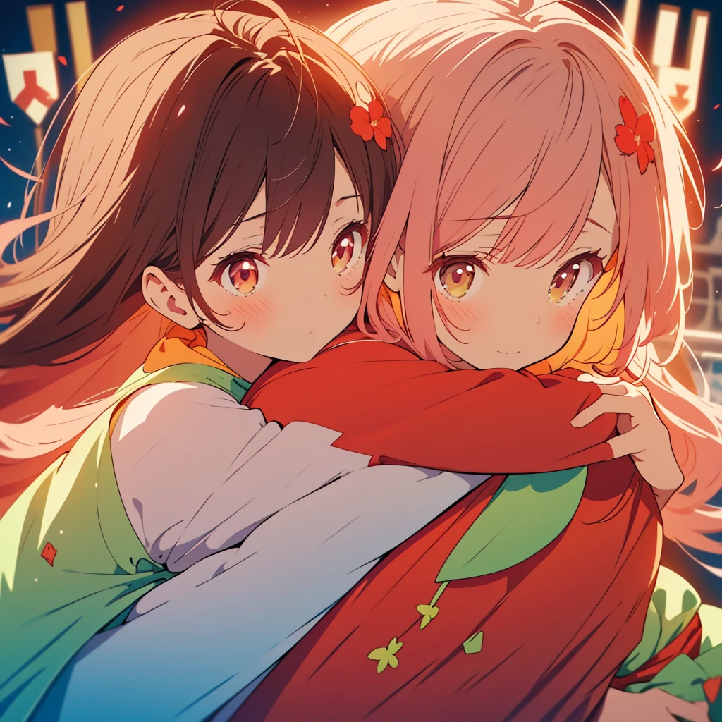 kawaii, anime, Cute, hyper quality, highly detailed, 8k, Clarity, Draw facial expressions in detail, red balsam, Impatiens balsamina, colorful balsam, A young girl with light pink hair and scarlet eyes., A girl with long dark brown hair and green eyes, smile, Dynamic feeling, whole body, hug, tears, Overflowing feelings, drawing two people, hug and kiss, hoodie, height difference,