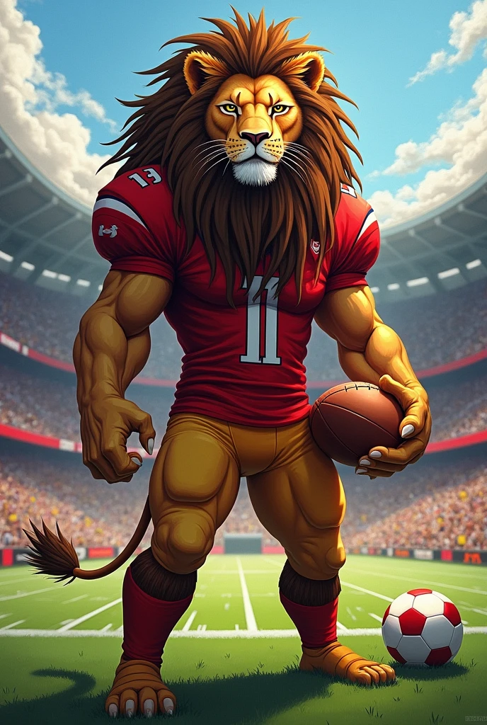 create a drawing of a lion with dreadlocks standing with a ball in his hand in a football stadium wearing a team shirt