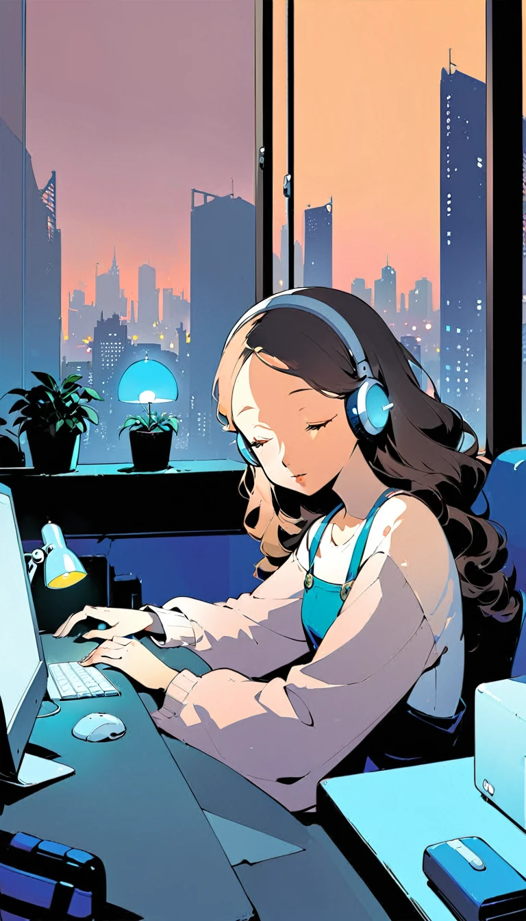 A young woman is sitting comfortably in a modern, cozy room with a cityscape visible through a large window at night. The main object of focus is the woman, who appears to be in her late teens or early twenties. She has long, wavy brown hair and is wearing a pair of large over-ear headphones. Her eyes are closed, and she has a serene, relaxed expression on her face as she listens to music. The woman is seated in a plush armchair, which is positioned to the right of a wooden desk. On the desk, there is a modern desktop computer, a ceramic coffee mug, and a small potted plant. A desk lamp with a warm, yellow glow is placed on the left side of the desk, casting a soft light over the scene. The light from the lamp is the primary light source, illuminating the woman and creating gentle shadows around her. In the background, the large window offers a stunning view of the city at night, with numerous skyscrapers and their illuminated windows creating a vibrant, urban atmosphere. The room itself is painted in neutral tones, with the walls adorned with minimalistic decor. The overall color scheme of the image features warm tones from the lamp and the cooler tones of the night cityscape, creating a balanced and visually appealing contrast. The perspective of the image is from a slight angle, allowing for a clear view of the woman, the desk, and the background cityscape. The size of the image is rectangular, with a wide aspect ratio that captures the breadth of the scene. The theme of the image is calm and relaxation, with an emphasis on the soothing environment and the woman's peaceful state.