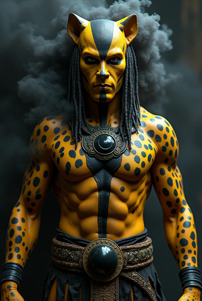 Tezcatlipoca god, Aztec warrior clothing, face of a pre-Hispanic warrior with a black stripe in the eyes, skin painted yellow with black spots like a jaguar, on the chest a black mirror from which black smoke emanates