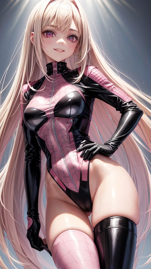 A girl, 20 years, Blonde hair with pink highlights very long straight, fringe, pink eyes, Pale skin, marked feminine features, wearing a full black tight leather suit with pink details, with spider print on the chest in white, white jacket with pink, Posing, hands on hip, smiling, biting the lower lip.
