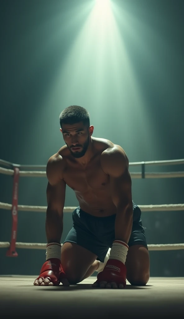 Le même boxeur à genoux sur le ring, appuyant ses mains au sol pour se relever avec une détermination palpable. La lumière vient d'en haut, illuminant son corps et créant un halo autour de lui, symbolisant l'espoir et la résilience. Son expression montre à la fois la douleur et la volonté de se remettre debout. Le ring est représenté avec des détails minimalistes, et l'arrière-plan est flou, gardant l'attention sur le mouvement du boxeur. Les couleurs sont légèrement désaturées pour accentuer le sérieux du moment, avec des ombrages doux qui donnent une profondeur et une texture réalistes.