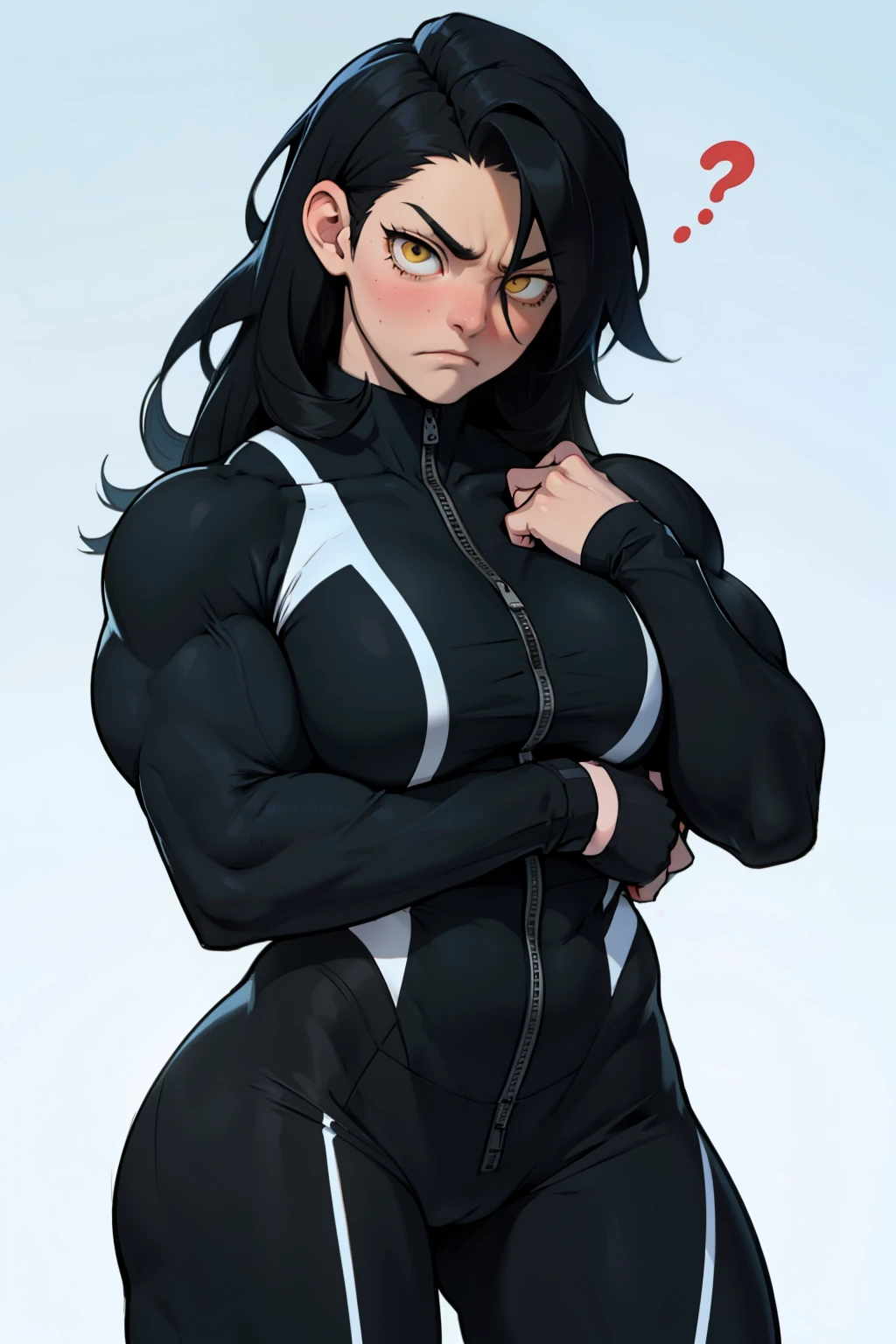 massive breasts huge breasts ((((muscular girl)))) ((((muscular girl)))) ((((muscular girl)))) toned body skinsuit long hair black hair yellow eyes pale skin serious look empty eyes sad frown embarrassed embarrassed embarrassed embarrassed