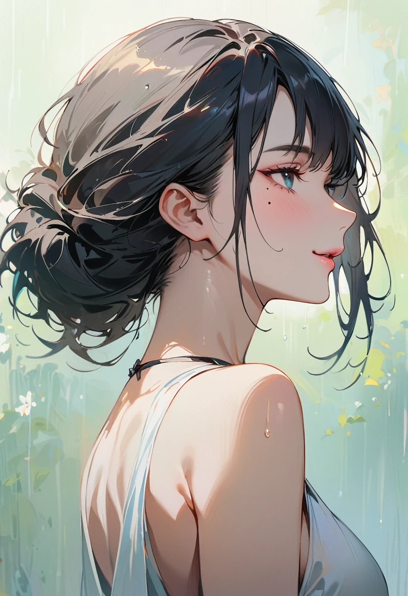 (masterpiece, best quality:1.4), 1 girl, 独奏, Heterochromia, Delicate pupils, Blurred eyes, Close your left eye, Smile, Profile,Tilt your head back 45 degrees, Right tear mole, (Black hair:1.2),  large breasts, Mini Girls, Backlight, Rainy Day, Evening dress, Works by top portrait painters, Black and white gradient background.