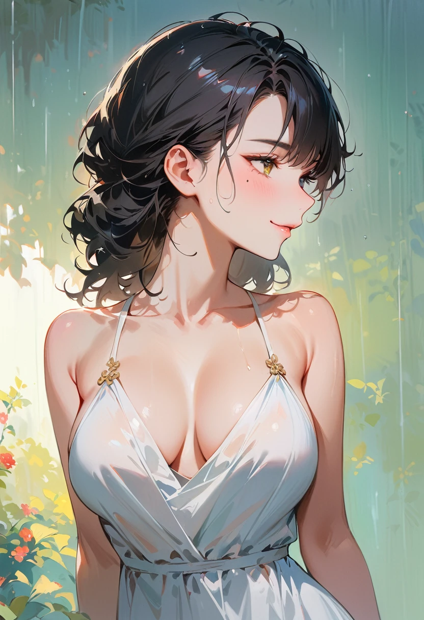 (masterpiece, best quality:1.4), 1 girl, 独奏, Heterochromia, Delicate pupils, Blurred eyes, Close your left eye, Smile, Profile,Tilt your head back 45 degrees, Right tear mole, (Black hair:1.2), large breasts, Mini Girls, Backlight, Rainy Day, Evening dress, Works by top portrait painters, Black and white gradient background.
