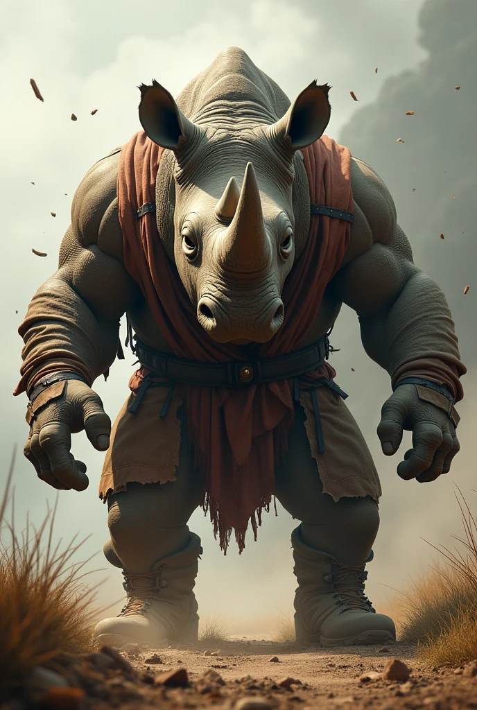 Rhino on two legs. He is wearing a savannah dress. He is very angry. He is wearing hiking boots.Be very angry