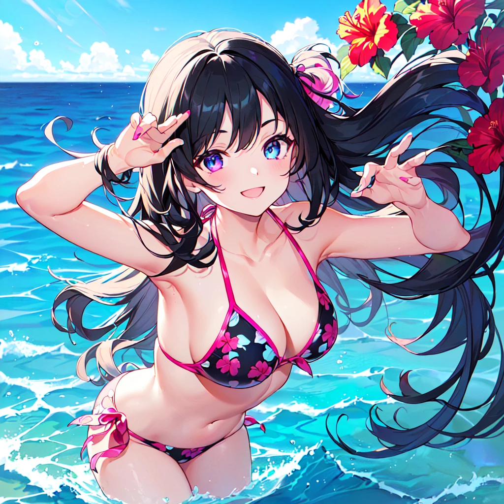 masterpiece, best quality, high quality, extremely detailed, very delicate and beautiful, (1 female 1 solo:1.5), (long black hair with two side up:1.5), bangs up to eyebrows, eyes sharp and bright (eye color magenta:1.3), 6.5 head height, (hibiscus print bikini&pareo:1.3), ruffled, (smiling), (dynamic pose), (background ocean shallows:1.3), (blue sky:1.3)