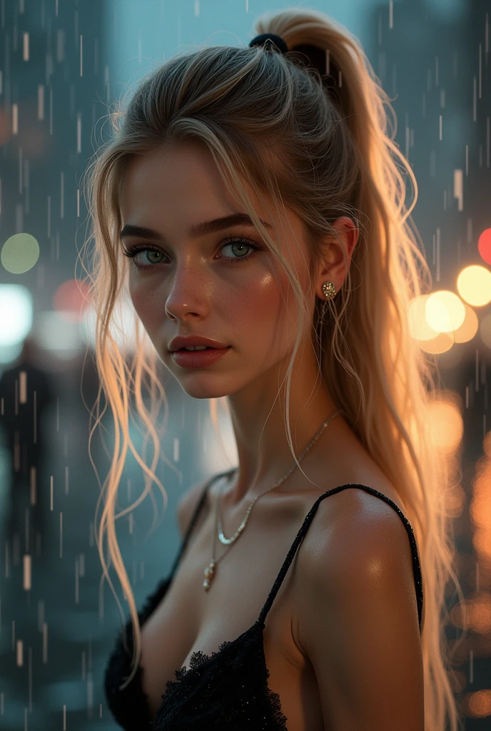 (8k, RAW photo, best quality, masterpiece:1.2), (realistic, photo-realistic:1.37),1girl,cute, perfect face, (An extremely delicate and beautiful), (masterpiece), highly detailed, waist leaking, ponytail, blonde hair, full body, woman, collarbones, charming expression, beautiful and clear eyes, green eye pupil, delicate necklace, delicate earrings, simple blurred background, extreme detail description, beautiful, charming, ultra-fine painting, delicate face, delicate figure, Fine collarbones,((large round breasts)), lovely lips, beautiful breasts, soft behind, cityscape, night, rain, wet, professional lighting, (shiny:1.5), (transparent:1.3),