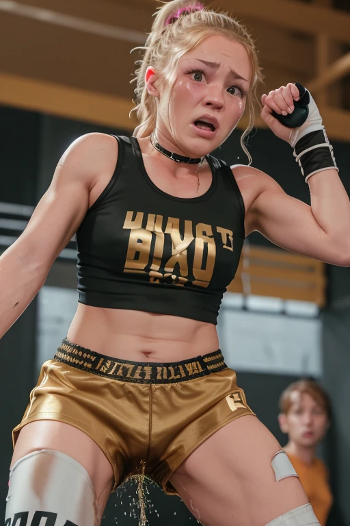 8k high resolution, best quality, dutch girl, 20 years old, short curly strawberry blonde hair, decent makeup, boxing outfit with boxing gloves, shorts and a sports top, cowardly female boxer, boxer at the olympics, scared, shocked, eyes wide open, crying in fear, tears running down her cheeks, smeared makeup, in a boxing ring, terrified, peeing her shorts, pee pants accident, visible wet pants, peeing her boxing shorts, cowardly loser, surrender, totally scared, horrified, visibly wet tight boxing shorts,