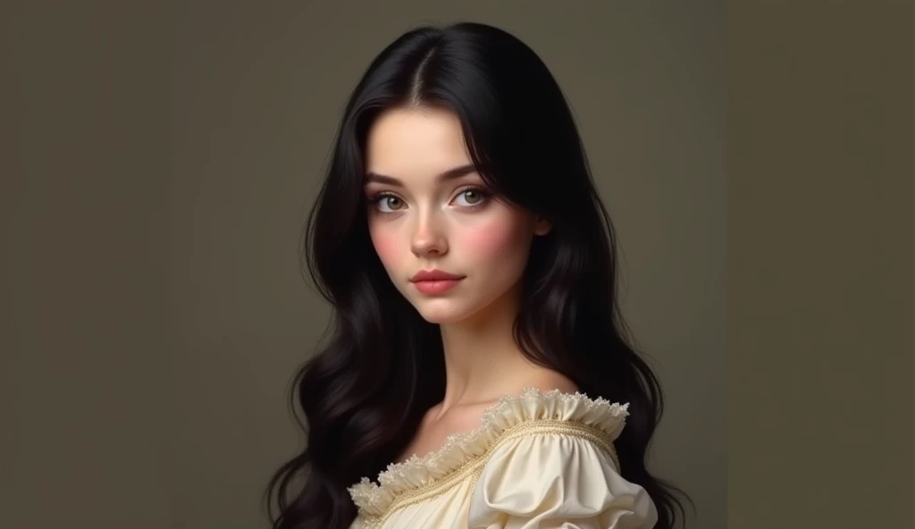 A beautiful princess portrait with long black hair simple modest dress, European lookalike full sleeves not looking direct chest full covered with dress