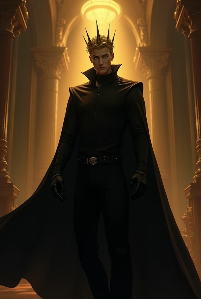A distant image, at night, un hombre extremadamente hermoso y very engreído, golden hair, very masculino, very guapo, big and fit, green eyes, dressed in black, all covered with the cape, He is a king, with black gloves on his hands, with a black cape, a golden crown on its side, at night, in the background a golden room with black, very poco iluminada, very, pero very hermoso