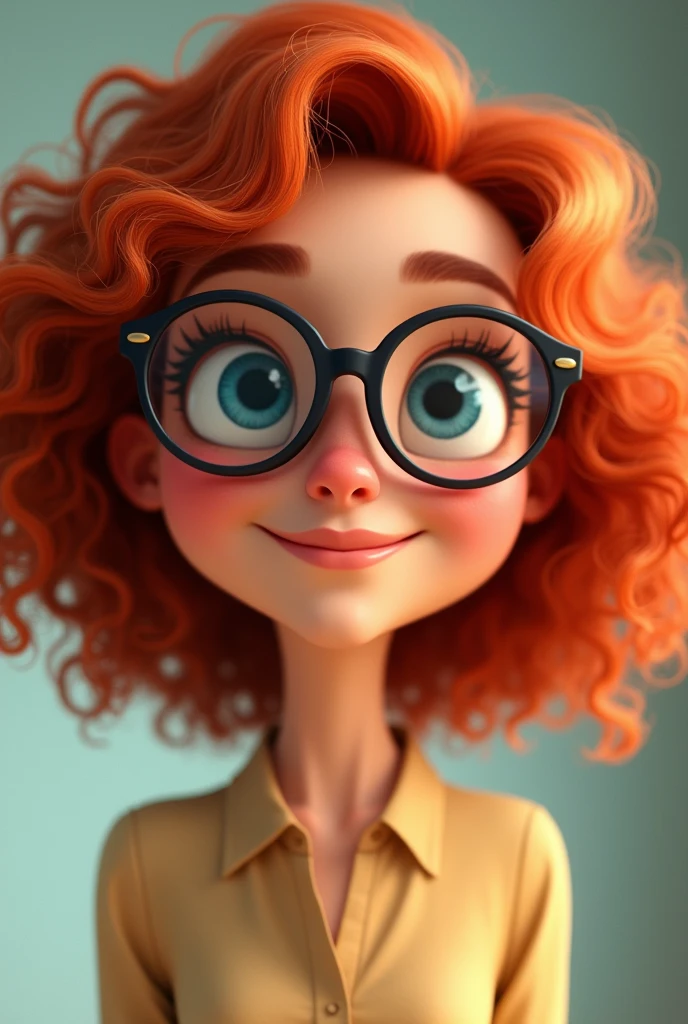 Red curly hair, woman, round bottom glasses, animated, smile, blue eyes, small neck, round face, High Resolution, blouse