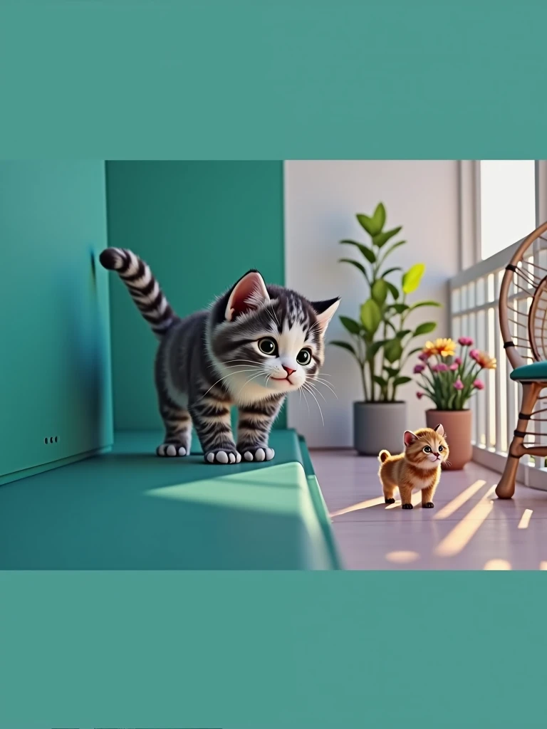 (A little kitten on the balcony:0.8),Sun rays,