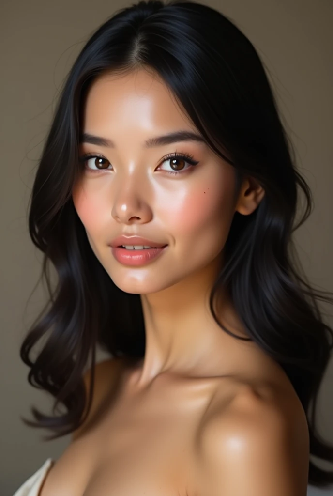 face: She has an oval face with delicate but well-defined features.. Her cheekbones are high and highlighted by a subtle hint of blush., giving it an air of sophistication. Her skin is smooth and has a warm tone., which enhances its natural beauty.
• Eyes: His eyes are large and expressive, of a deep brown color that looks almost black. They are perfectly outlined, which highlights their almond shape and gives them an intense and captivating appearance.. Her eyelashes are long and curved., further accentuating the depth of his gaze.
• Eyebrows: Her eyebrows are thick and perfectly arched., Framing your face with natural elegance.
• Lips: Her lips are full and well defined., with a natural shine that gives them a juicy look. The tone of her lips is a soft nude color, highlighting your femininity without being too flashy.
• Hair: Her hair is long, thick and jet black, falling in soft waves to the middle of her back. It has a natural shine and looks healthy and well-groomed..
• Fur: Your skin is flawless, with an even tone and a slight healthy glow. A small, subtle mole adorns her cheek., just below his right eye, adding a distinctive touch to your face.
Clothing and Style:
• Style: Her style is elegant and minimalist.. She prefers clothes that highlight her figure without being too revealing.. In the image, It is noticeable that she is wearing a light and sophisticated garment, possibly a strapless dress or a silk blouse that leaves your shoulders bare.
• Accessories: She wears a delicate necklace with a small pendant, which complements her look without distracting from her natural beauty.. Her ears seem free of earrings, maintaining an air of simplicity.