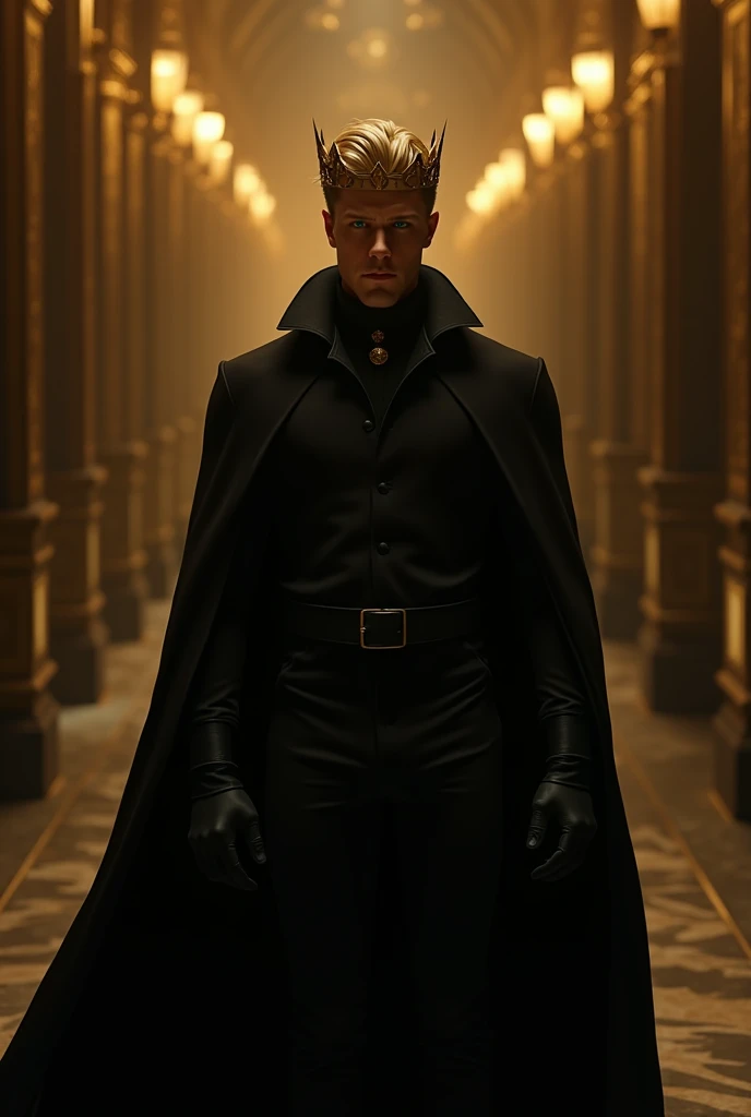 A distant image, at night, un hombre extremadamente hermoso y very engreído, golden hair, very masculino, very guapo, big and fit, green eyes, dressed in black, all covered with the cape, He is a king, with black gloves on his hands, with a black cape, a golden crown on its side, at night, in the background a golden room with black, very poco iluminada, very, pero very hermoso